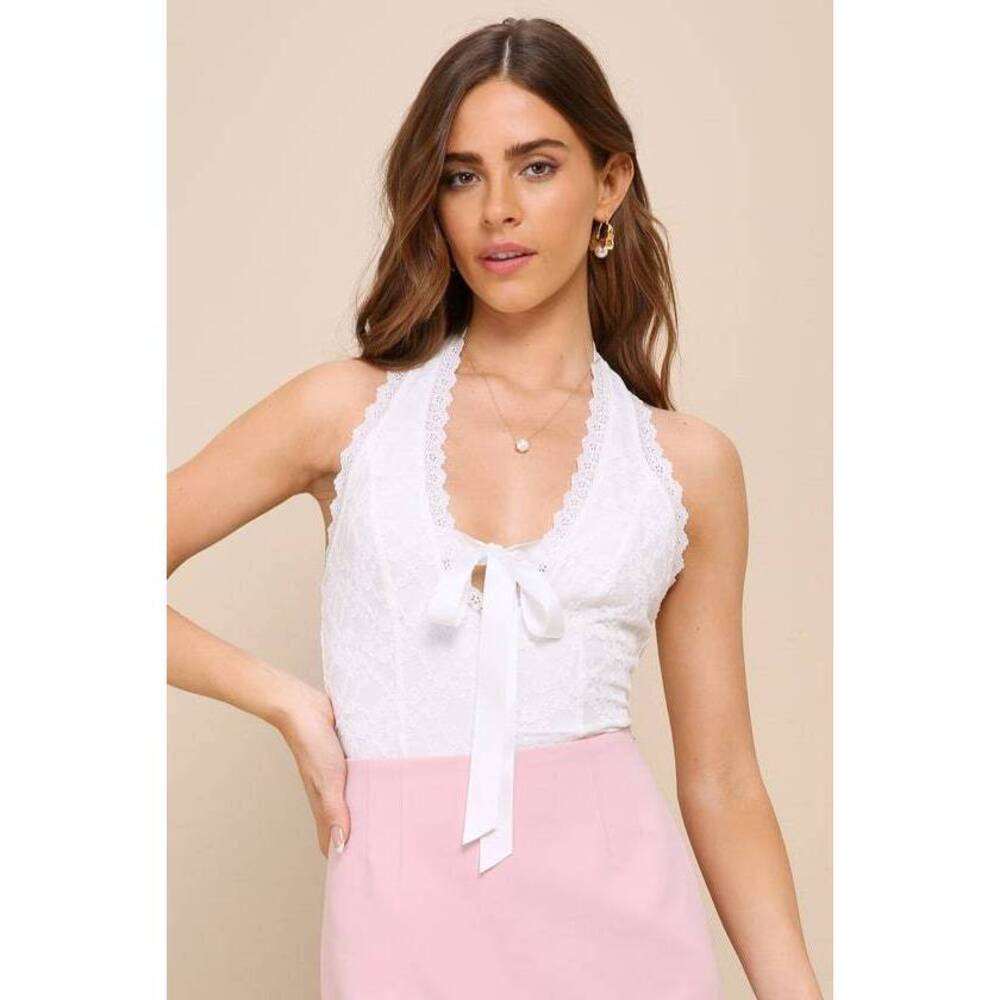 NWT Lulus Charming Date White Lace Tie-front Halter Bodysuit